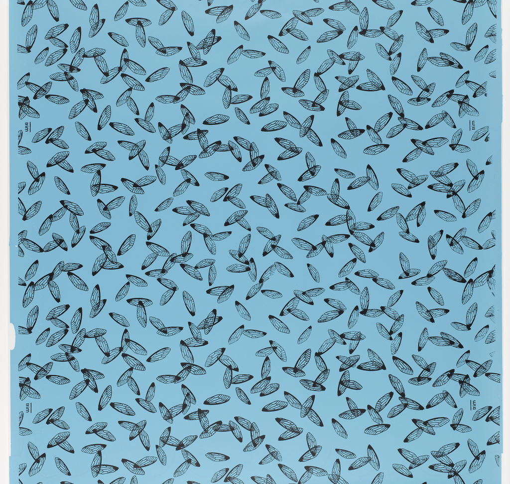 Image features a wallpaper with a pattern of insect wings printed in black on a bright blue ground. Please scroll down to read the blog post about this object.