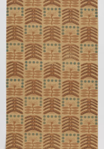 Image features: Lined drape with a hand block printed checkerboard design of two abstracted tree designs. In tan, brown and green on a beige ground. Please scroll down to read the blog post about this object.