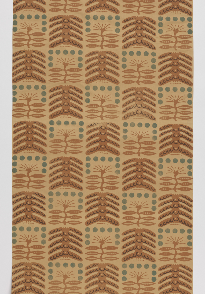 Image features: Lined drape with a hand block printed checkerboard design of two abstracted tree designs. In tan, brown and green on a beige ground. Please scroll down to read the blog post about this object.