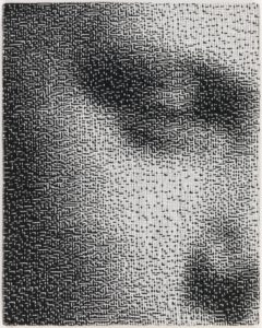 Image features: Small portrait showing a woman's eye and nose, resembling an out-of-focus black and white photograph. Study for Binary Traces: Kay (2007-33-1). Please scroll down to read the blog post about this object.