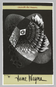 Image features a black and white abstract shape, comprised of two overlapping ovals, with geometric patterns. In red lettering the image also says Cincinnati Art Museum (at the top) and June Wayne (at the bottom). Please scroll down to read the blog post about this object.