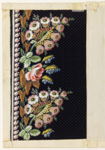 Embroidery sample (probably Lyon, France); ca. 1770; satin, stem and knot stitches embroidered in silk on silk cut voided supplementary warp pile (velvet); paper enclosure; H x W: 29 x 18 cm (11 7/16 x 7 1/16 in.); Museum purchase from Au Panier Fleuri Fund; 1932-1-14; Cooper Hewitt, Smithsonian Design Museum; Photo: Matt Flynn © Smithsonian Institution