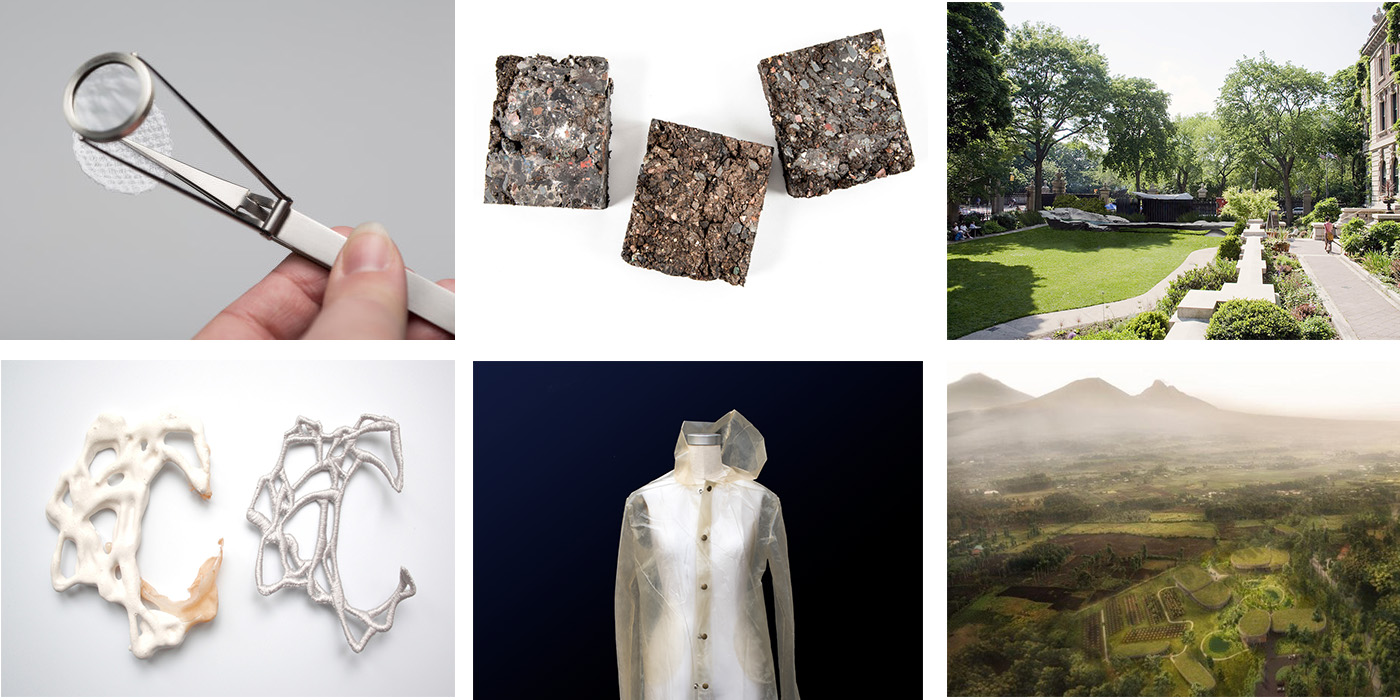 A collage of six images that each show one design. A user holds a small white net with metal forceps. Three squares of dried asphalt. Gigantic sculptural bench in the Cooper Hewitt garden. Two "C" shapes made out of strings, one that is white and one that is silver. Translucent white raincoat on mannequin. Rendering of a vibrant green landscape with mountains and fog.
