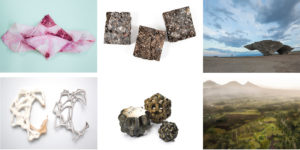 The two designs on the far left feature a textile dyed using bacteria and biologically created jewelry. The middle designs feature simple geometric blocks and other bulky shaped objects made out of novel materials of the Anthropocene era. The far right images capture natural landscapes with simply structures and architecture that aims to blend in with the surrounding natural environment.