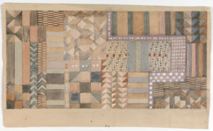 Image features a rectangular sheet with a variety of geometric patterns—rectangles, squares, triangles, and chevrons—in a muted palette of sandy pink, dusty beige, taupe, grey, and brown with isolated dots and small squares in white gouache and red wash. Please scroll down to read the blog post about this object.