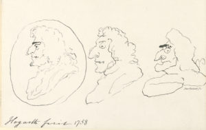 Image features drawing showing three grotesque profiles of men in long wigs, outlined with scratching, exploratory lines imitating roughly drawn grotesques by William Hogarth. Please scroll down to read the blog post about this object.