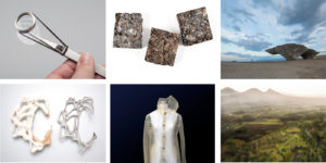 A collage of six images that each show one design. A user holds a small white net with metal forceps. Three squares of dried asphalt. Gigantic concrete sculpture looks like upside down mountain. Two "C" shapes made out of strings, one that is white and one that is silver. Translucent white raincoat on mannequin. Rendering of a vibrant green landscape with mountains and fog.