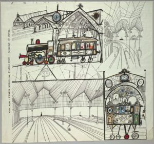 Textile laid flat, divided into four unequal segments each showing different views of a train station. Top left and bottom right depict thick-outlined drawings of trains colored in irregularly, with geometric and decorated arched structures behind, under which train tracks run. Top right and bottom left areas are more angular drawings with thinner lines, showing where the train tracks leave (or enter) the station and the segmented roofs above.