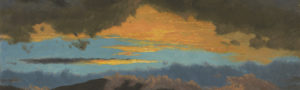 Painting of a sunset over a dark landscape
