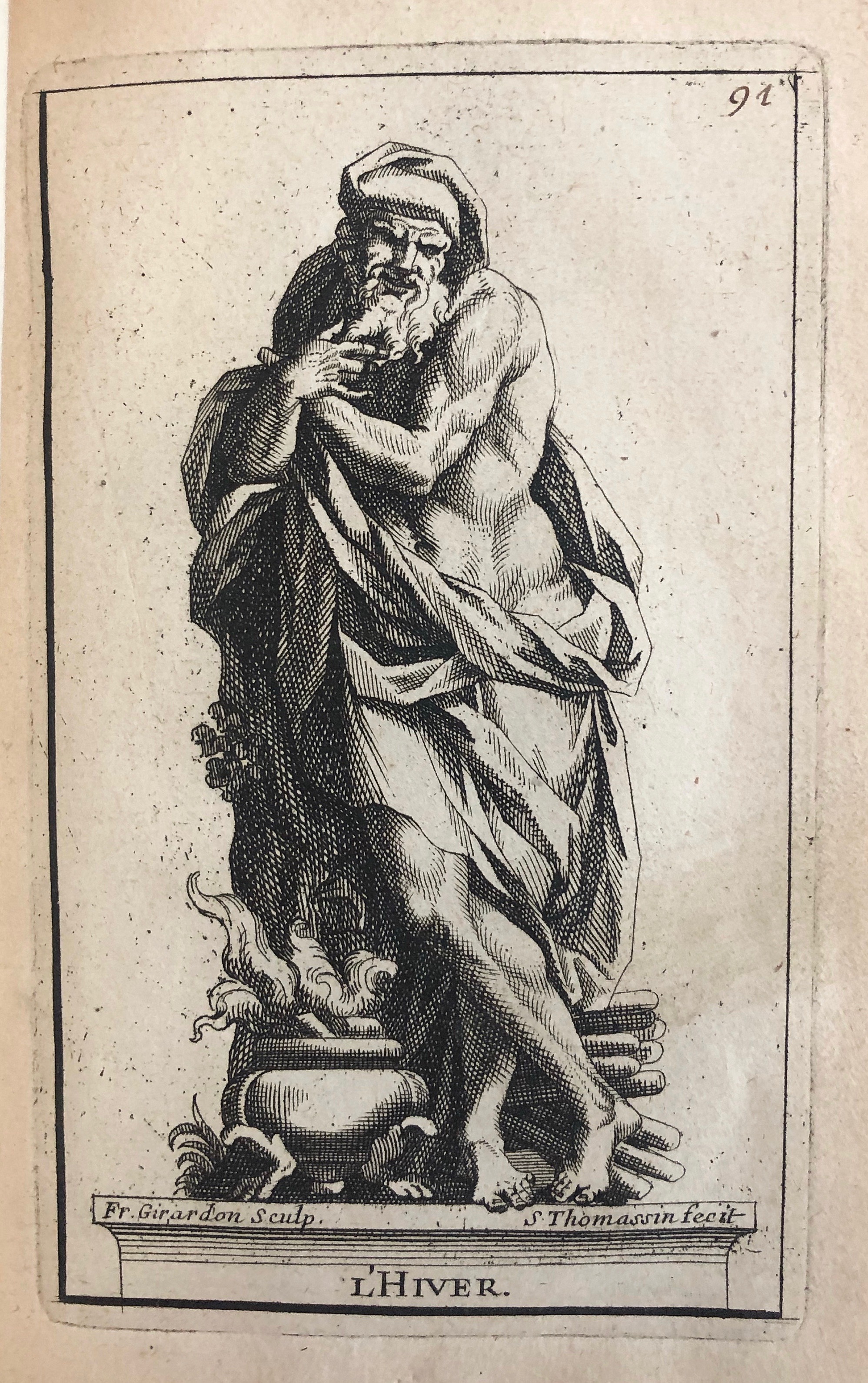 Image features a print showing an allegorical figure of winter, a be-robed and bearded muscular old man, standing, leaning to his right, warming himself above the fire in a container at his feet. Please scroll down to read the blog post about this object.