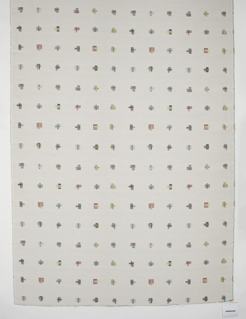 Image features: a length of woven textile with an off-white ground and scattered overlapping rectangles of different color and weave combinations in pastel shades. Please scroll down to read the blog post about this object.