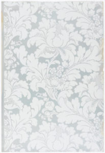 Image features a wallpaper with a scrolling floral design printed to imitate a silk damask. Please scroll down to read the blog post about this object.
