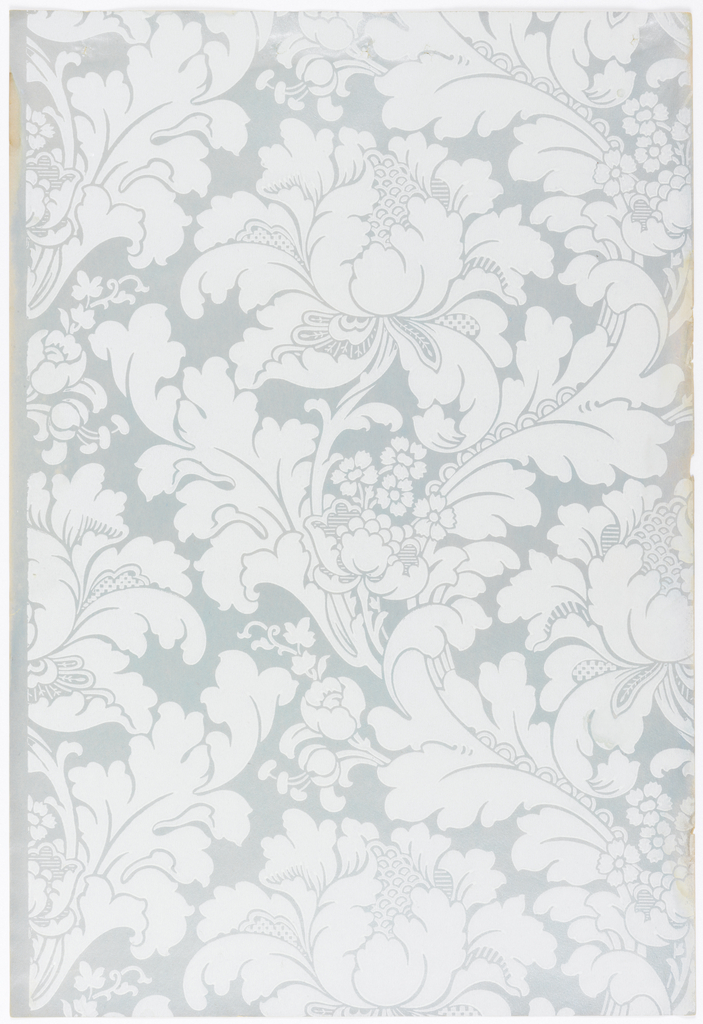 Image features a wallpaper with a scrolling floral design printed to imitate a silk damask. Please scroll down to read the blog post about this object.