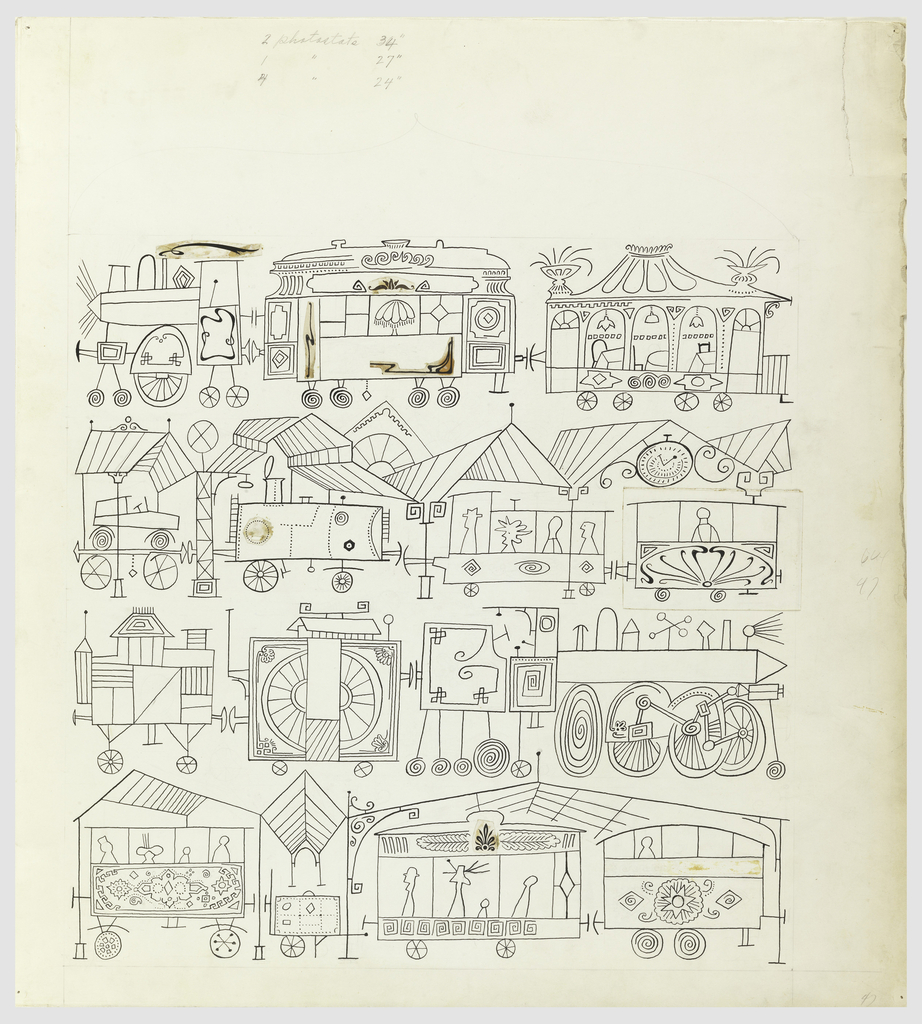 Image features four horizontal rows of people and trains, rendered in black ink on paper