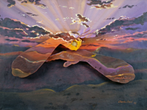 Painting of a sunrise in shades of blue, purple, and orange. At the center, two arms overlayed from the background sign "sun" in American sign language, one hand flat palm down, the other rests above in a circular position.