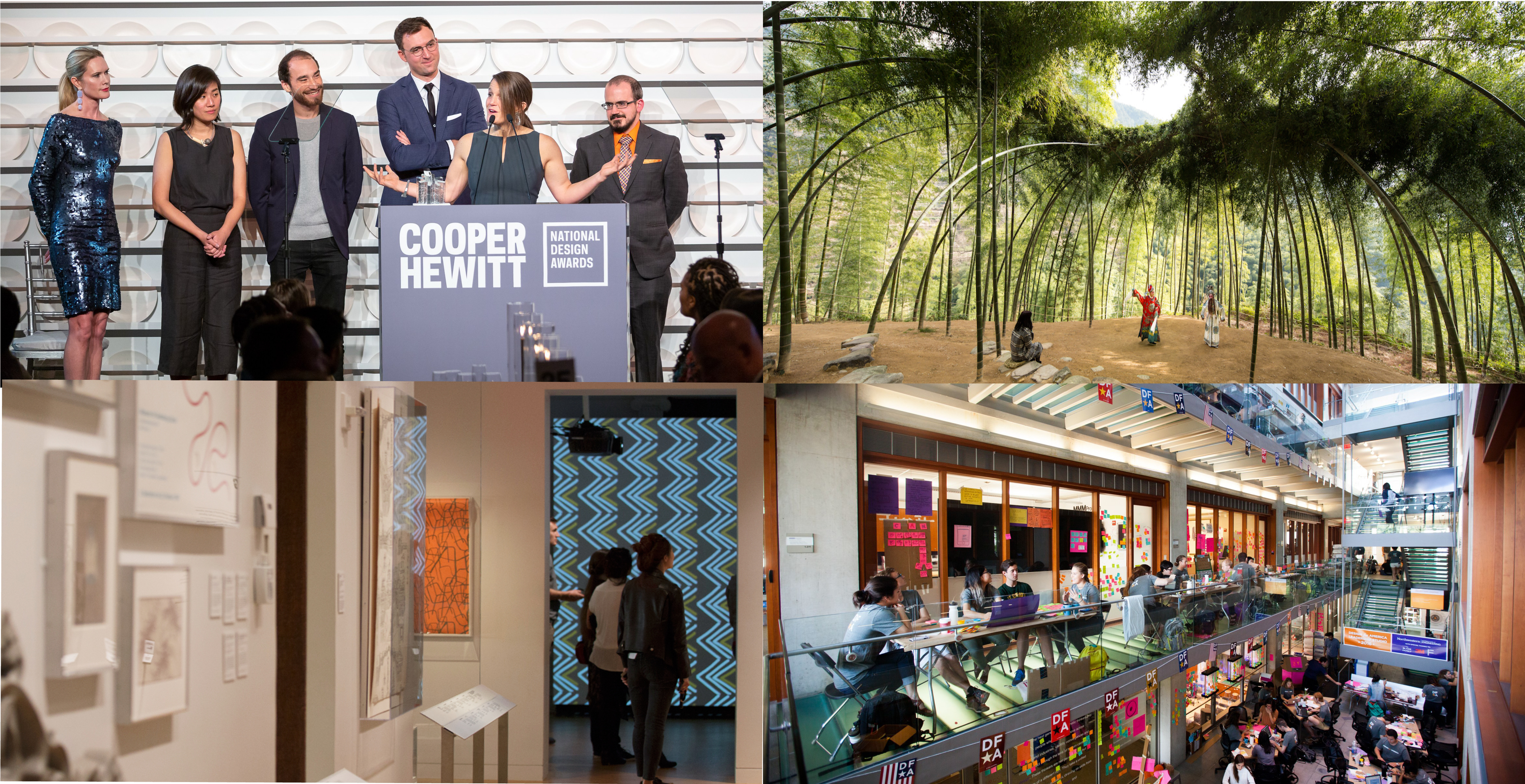 Four images: members of Design for American accepting their 2018 National Design Award; bamboo forest featured in the Triennial; and Cooper Hewitt galleries; next to the work of Design for America alumnae.