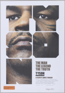 Extreme close up picture of Mike Tyson masked by blocky letterforms spelling “TYSON”