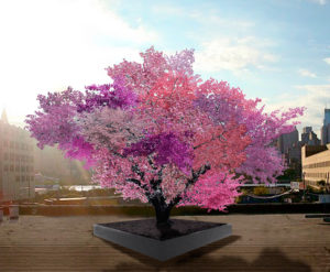 A rendering of a tree exploding with pink, purple and magenta blossoms. The tree has a dark trunk and is planted in a square-shaped gray planter that is on top of a deck overlooking the New York skyline on a sunny day with a pure blue sky
