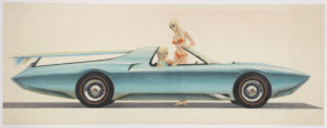 Pale blue convertible car with a surfboard on back; driver is a blonde man talking to blonde woman in a red bikini