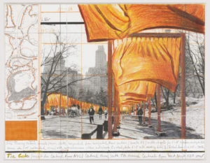 Collage features photo of Central Park and hand-drawn orange fabric hanging from gate structures