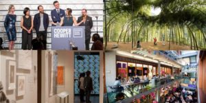 Four images: members of Design for American accepting their 2018 National Design Award; bamboo forest featured in the Triennial; and Cooper Hewitt galleries; next to the work of Design for America alumnae.