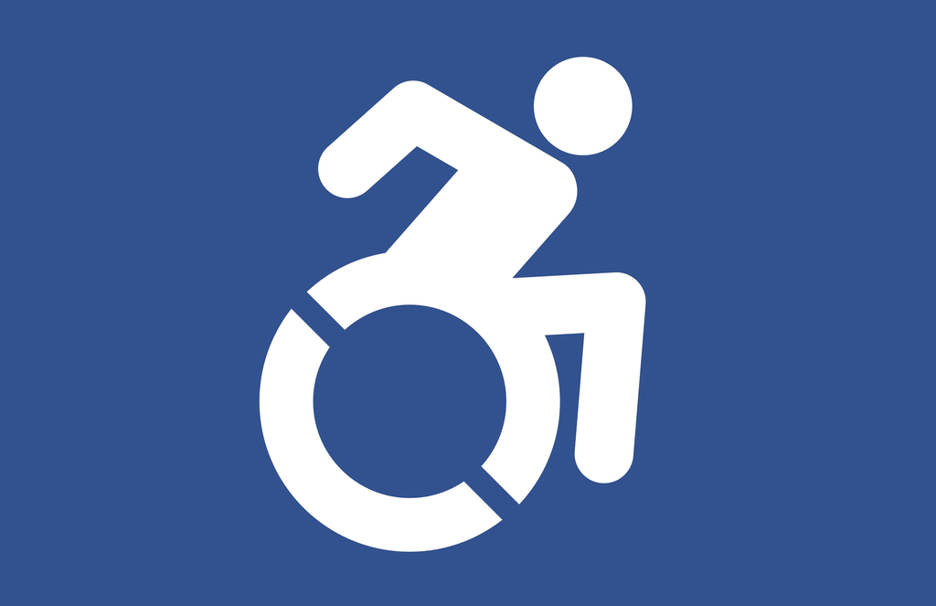 Blue icon of person in wheelchair in forward motion