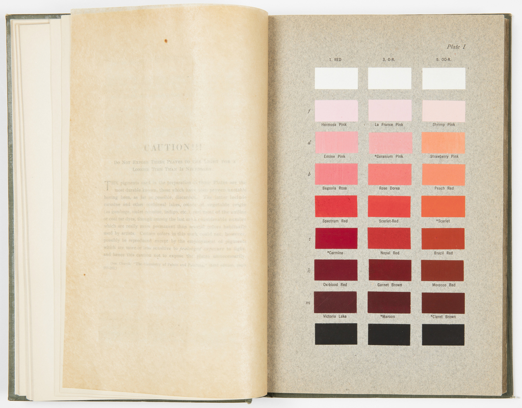 Book open to page of color swatches in shades of red and pink