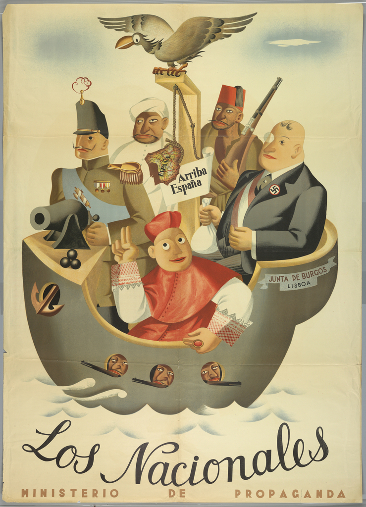 Illustration of people on a warship representing stereotyped enemies of the revolution in Spain