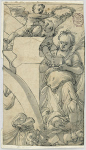 Two cherubs hold a wreath over a person reading