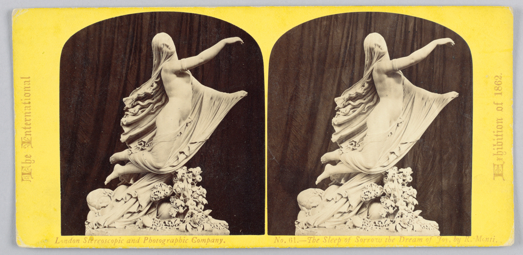 Stereographic photo representing a sculpture of a female form leaping from a sleeping woman