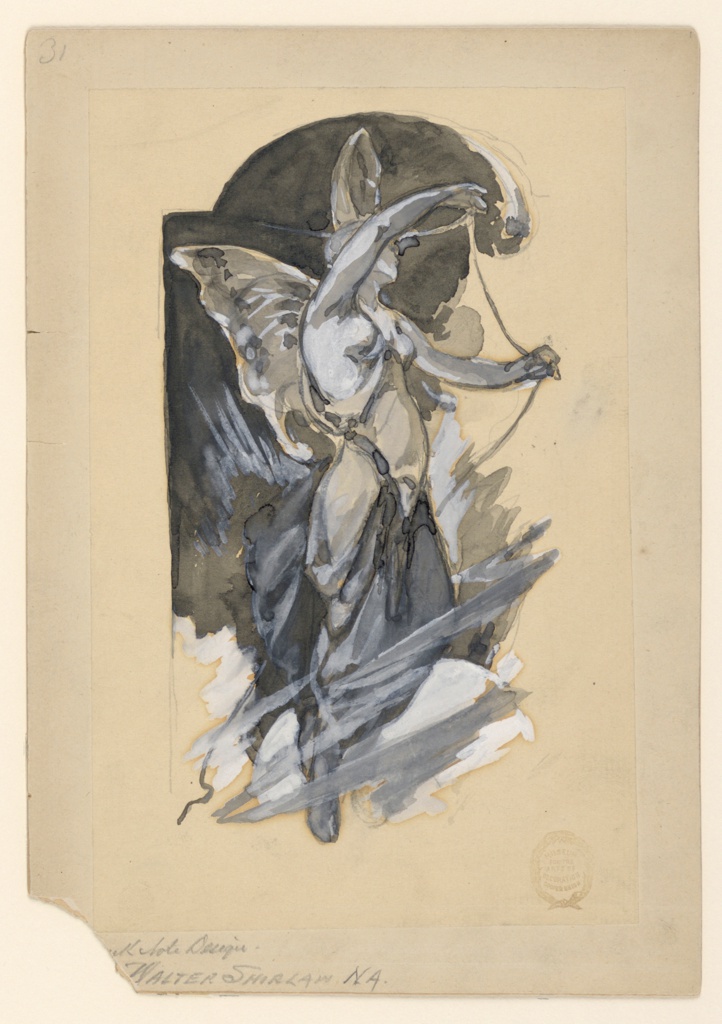 Image features a rendering of a draped female figure with fairy wings turned toward the right, holding an outstretched cord between her hands. Please scroll down to read the blog post about this object.