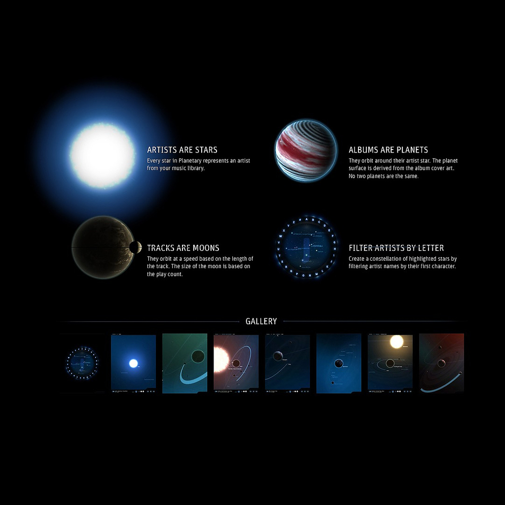 Image features an IPad data visualization representing a user's music library: at top left, a sun (artists), top right a planet (album), lower left a moon (song), and at lower right a constellation (filter); below these is a row of various celestial bodies. Please scroll down to read the blog post about this object.