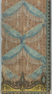 Image shows a wallpaper with interlocked drapery swags and lace border. Please scroll down for additional information on this piece.