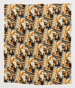 Image features: Constructivist-inspired design of ships, cranes, steel girders, and buildings in black and dark yellow on an off-white ground. Please scroll down to read the blog post about this object.