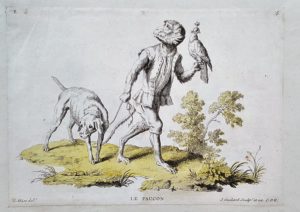 This image features monkey dressed as a hunter with falcon and hunting dog.