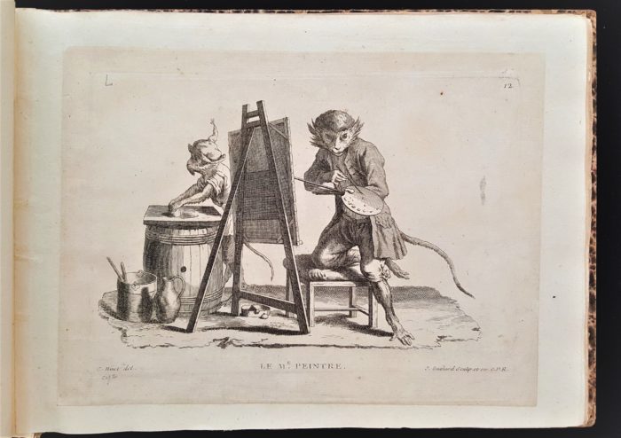This image features monkey a monkey shown with an easel and palette.