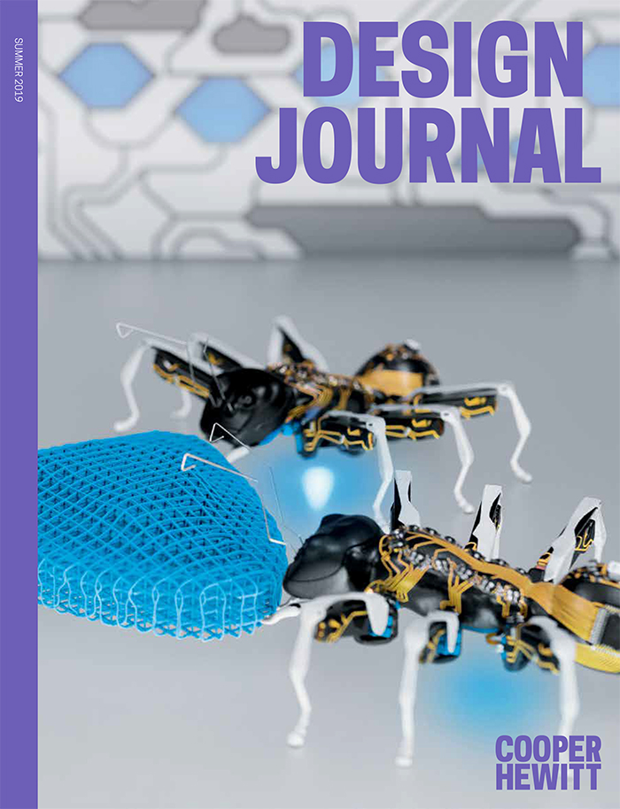 Cover of an issue of "Design Journal". Two robotic ants gather around a blue object against a gray background. At the upper right, the words "Design Journal" appear in purple.