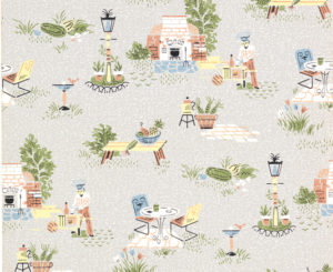 Image shows a mid-century wallpaper design containing vignettes pertaining to a backyard barbecue or picnic. Please scroll down for additional information on this object.