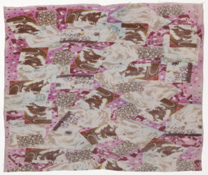Image features a rectangular textile with a pattern in brown, rose, and blush. Against a rose background, a series of photographs are silkscreened overlapping each other and at an array of angles. The photographs are of children and street scenes in Cambodia. Please scroll down to read the blog post about this object.