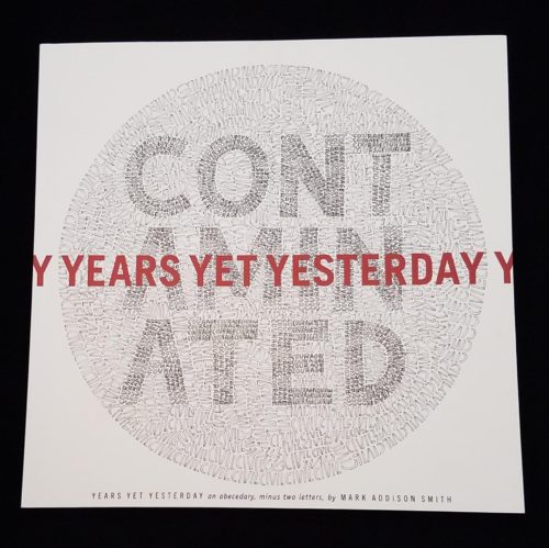 Image features the cover of the book Years Yet Yesterday. "Y YEARS YET YESTERDAY Y," in red letters is superimposed over the word "Contaminated"in a gray circle on a white background. Please scroll down to read the blog post about this object.