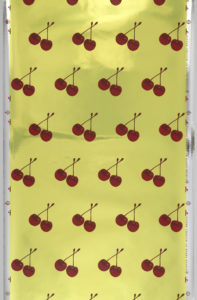 Image shows a wallpaper with bright red cherries on a green Mylar ground. Please scroll down to read the blog post about this object.