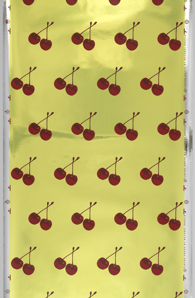 Image shows a wallpaper with bright red cherries on a green Mylar ground. Please scroll down to read the blog post about this object.