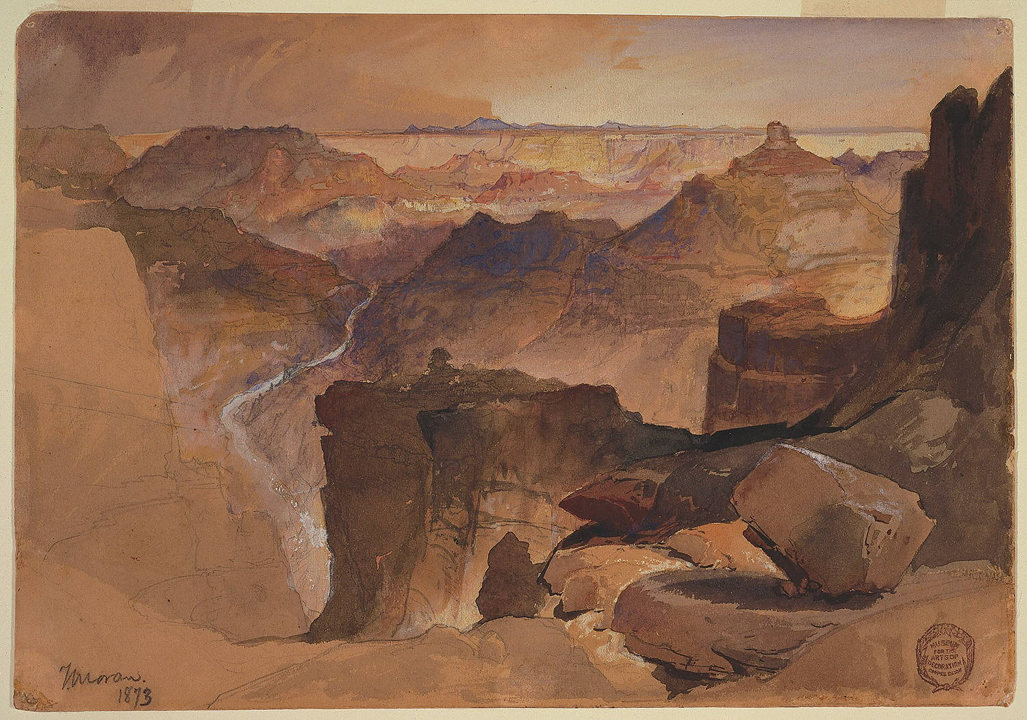 Image features a view of the Grand Canyon. Rock formations in the foreground and to the left are loosely sketched in pencil. The Colorado River appears as a white stripe winding through the center of the composition, between cliff faces painted with bright bands of blue, yellow, and rose washes. Dark clouds in the distance indicate an approaching storm. Please scroll down to read the blog post about this object.