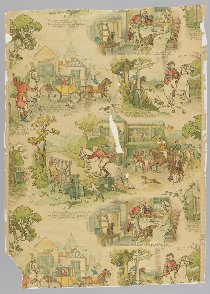 Image features a wallpaper printed in greens, reds, browns and yellows on a glazed cream ground, illustrating scenes from the poem "The Diverting History of John Gilpin." The vignettes include Gilpin riding his horse, and highway and tavern scenes in a random arrangement, with lines from the poem accompanying each one. Please scroll down to read the blog post about this object.