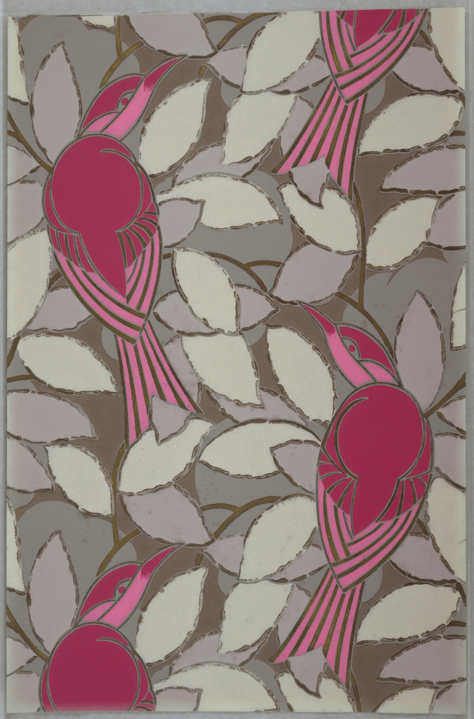 Image features an art deco-style wallpaper with pink birds against a background of gray foliage. Please scroll down to read the blog post about this object.