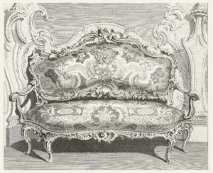 Images features a print in black ink on white paper showing image of rococo-style couch framed against an interior wall, designed in the same style. Please scroll down to read the blog post about this object.