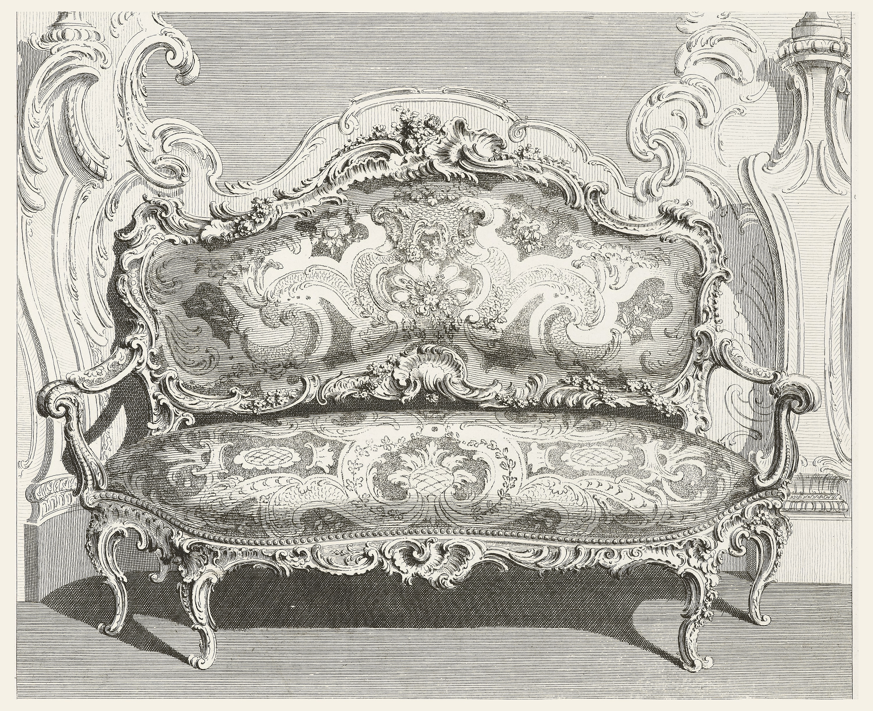 Images features a print in black ink on white paper showing image of rococo-style couch framed against an interior wall, designed in the same style. Please scroll down to read the blog post about this object.