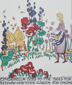 Image features page showing Cinderella in the garden picking onions and gathering beeswax from the beehives. Please scroll down to read the blog post about this illustration.