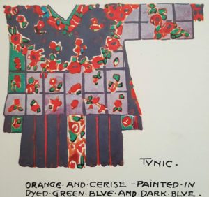 Colored illustration of a batik technique tunic, stripes, flowers.