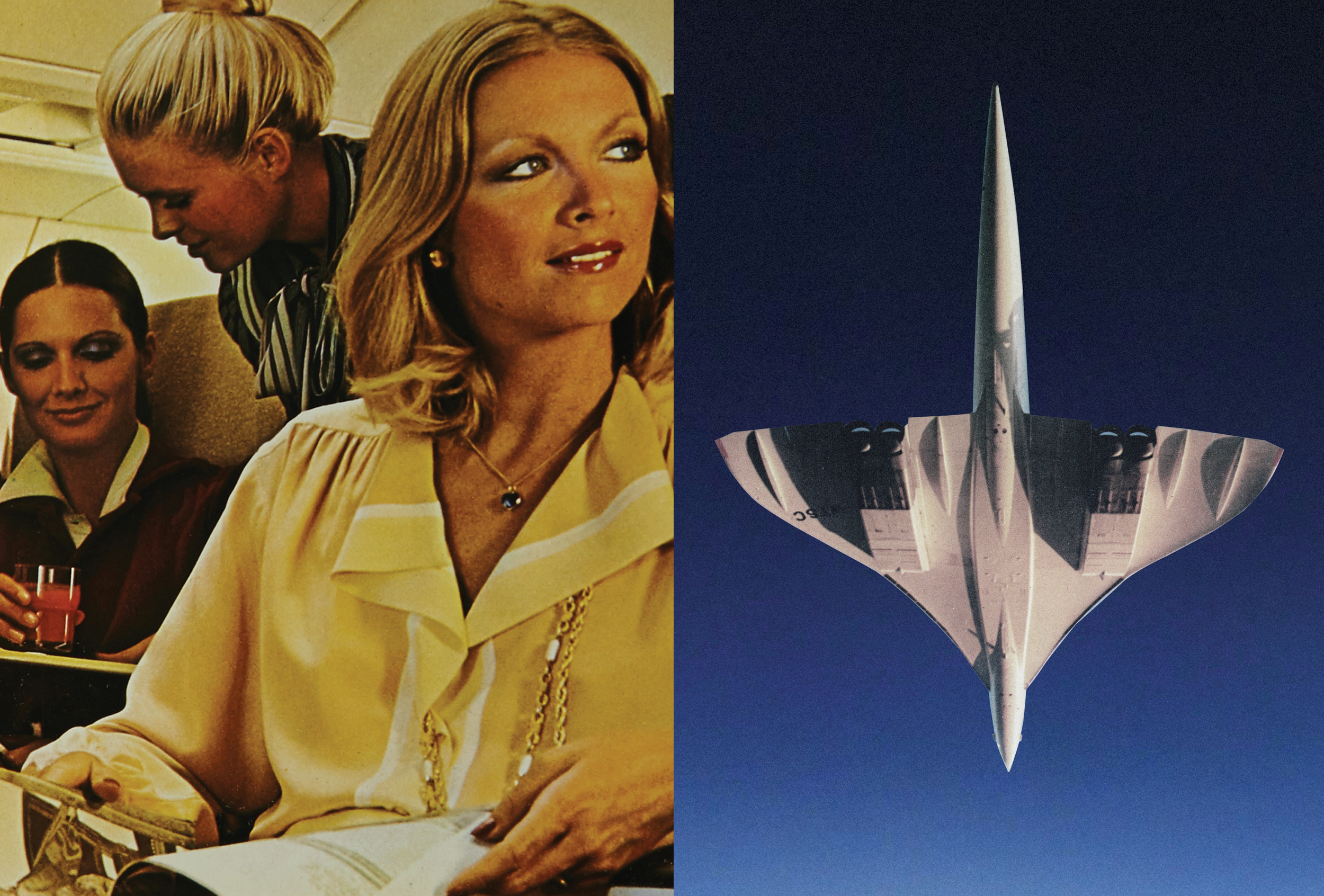 A photograph of a woman aboard the Concorde airliner, showcasing the elite style and design of the aircraft's passengers. The right side shows an image of the underside of the Concorde, emphasizing it's unique delta wings and highly streamlined body.